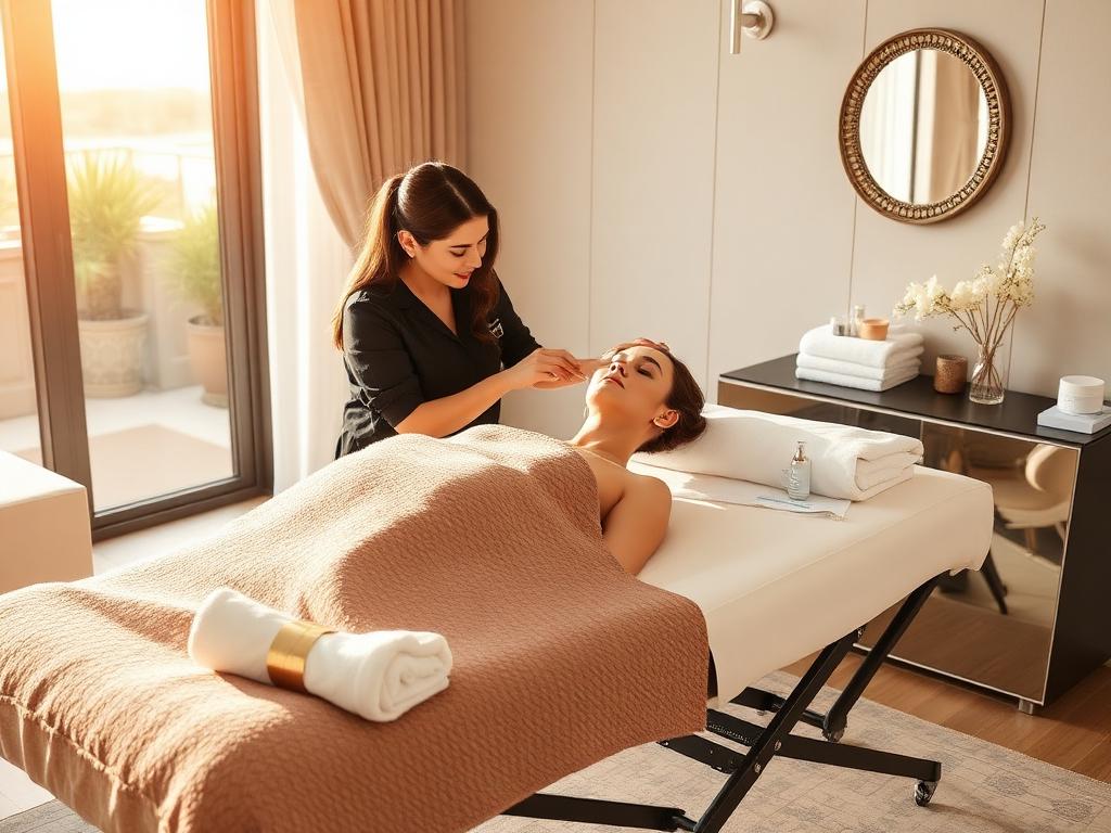 Home beauty therapist giving a facial treatment to a client inside a Middle Eastern villa