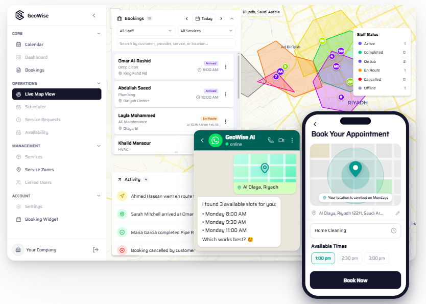 GeoWise coordinator dashboard with live map and customer home visit booking app