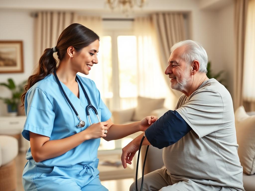 Home healthcare nurse checking an elderly patient's blood pressure inside a Middle Eastern villa